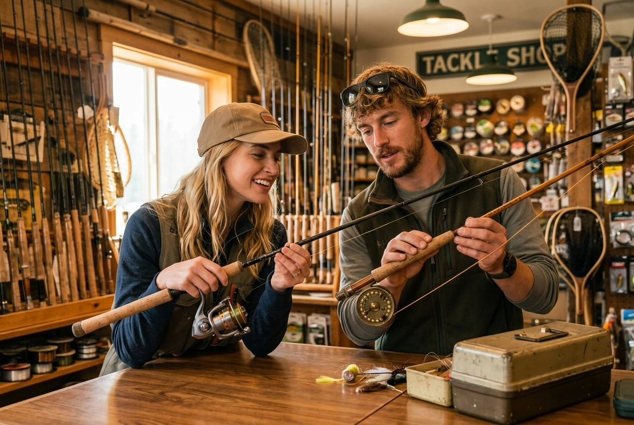 Diverse anglers comparing rods tackle shop