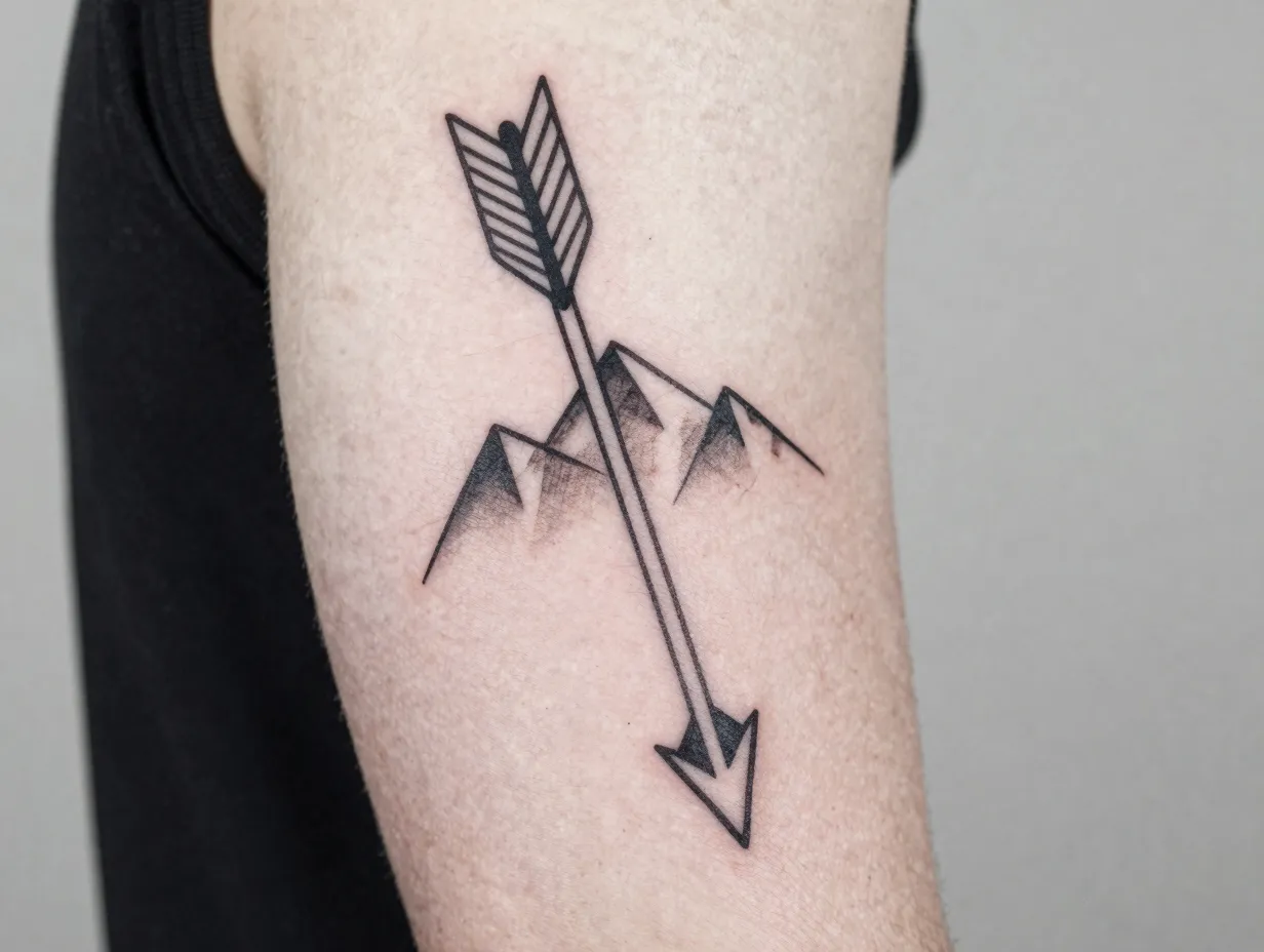 Geometric arrow with mountain range