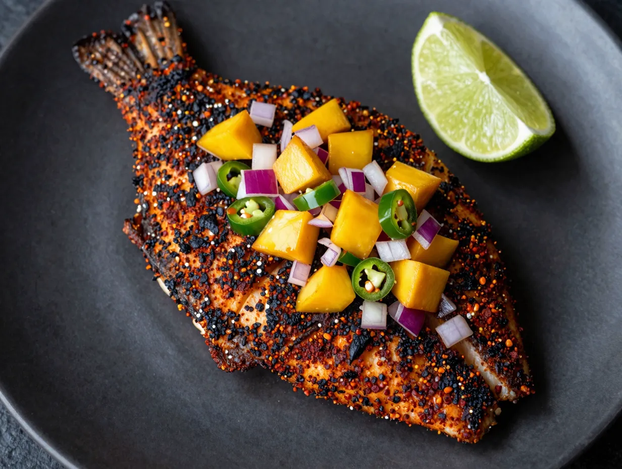 Blackened flounder with mango salsa