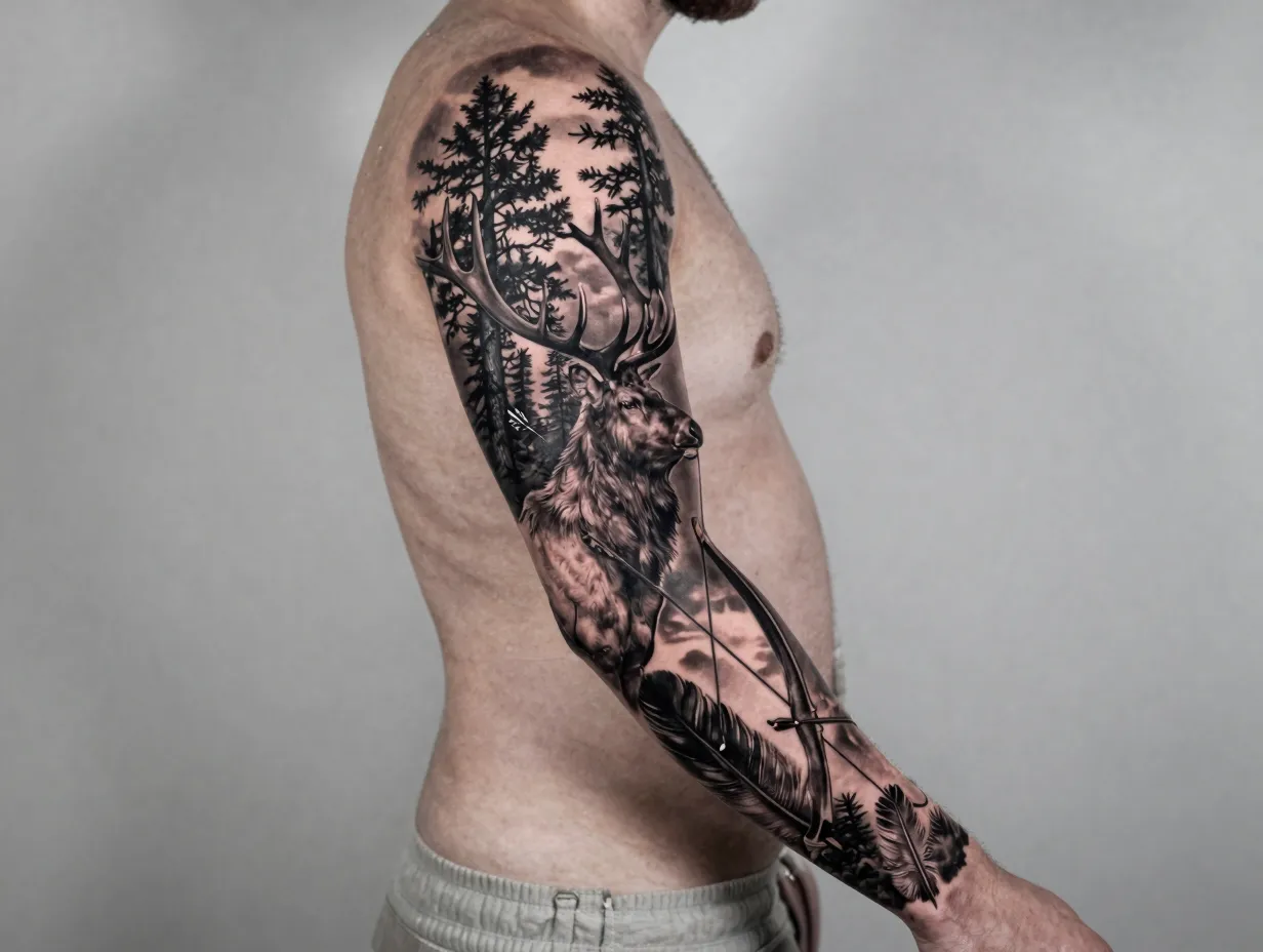 Full sleeve wilderness scene with bow hunting theme