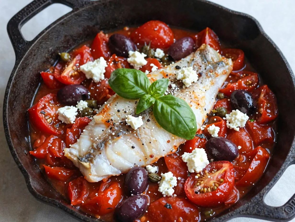 Mediterranean baked flounder with olives and tomatoes