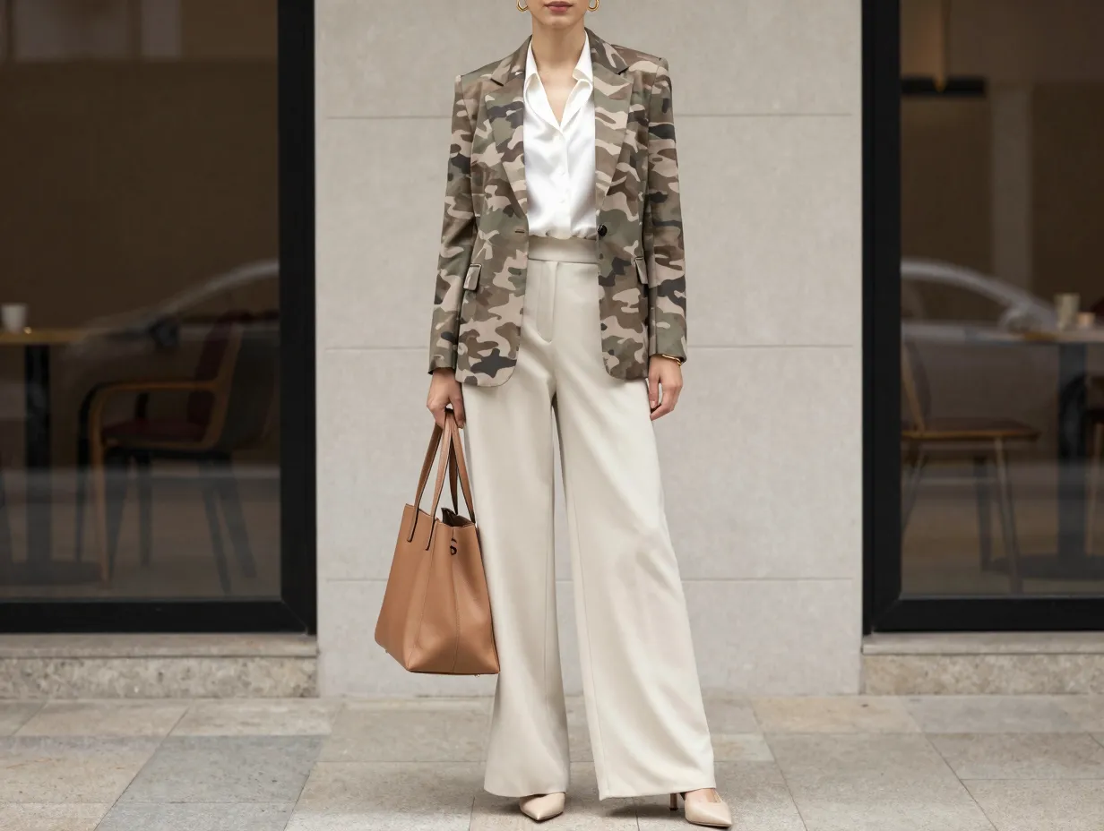 The tailored camo blazer with cream trousers