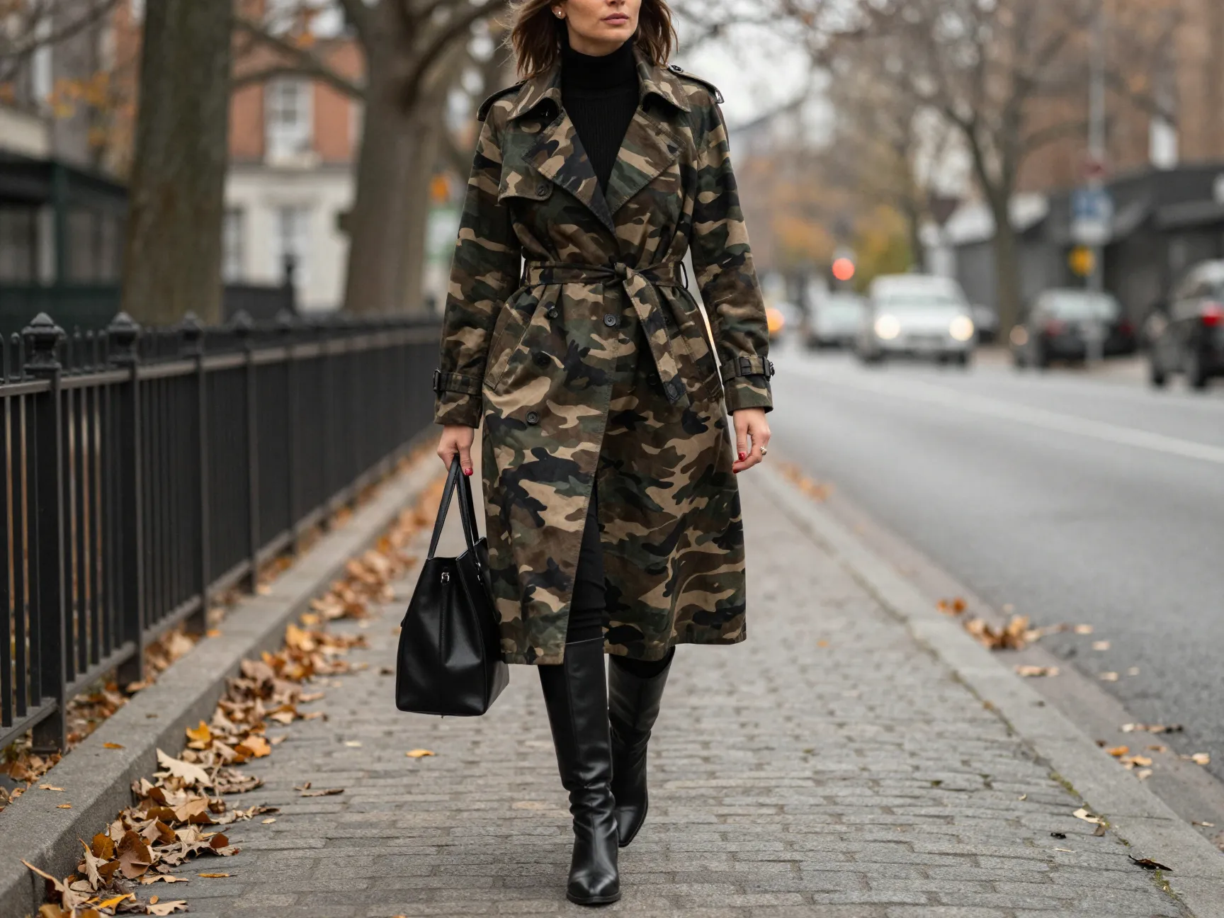 The camo trench coat over all black