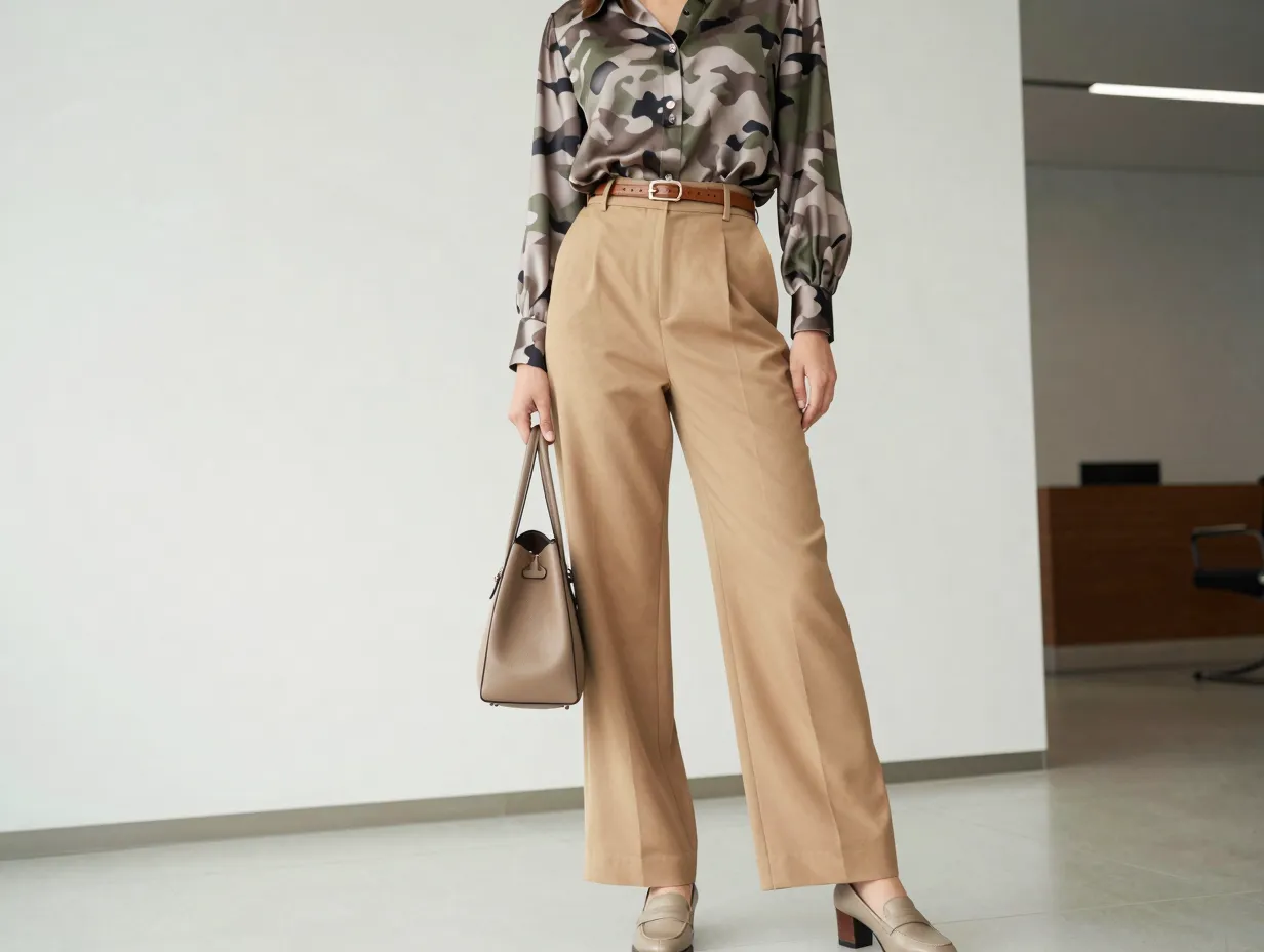 The camo silk blouse tucked into high waisted tailored pants