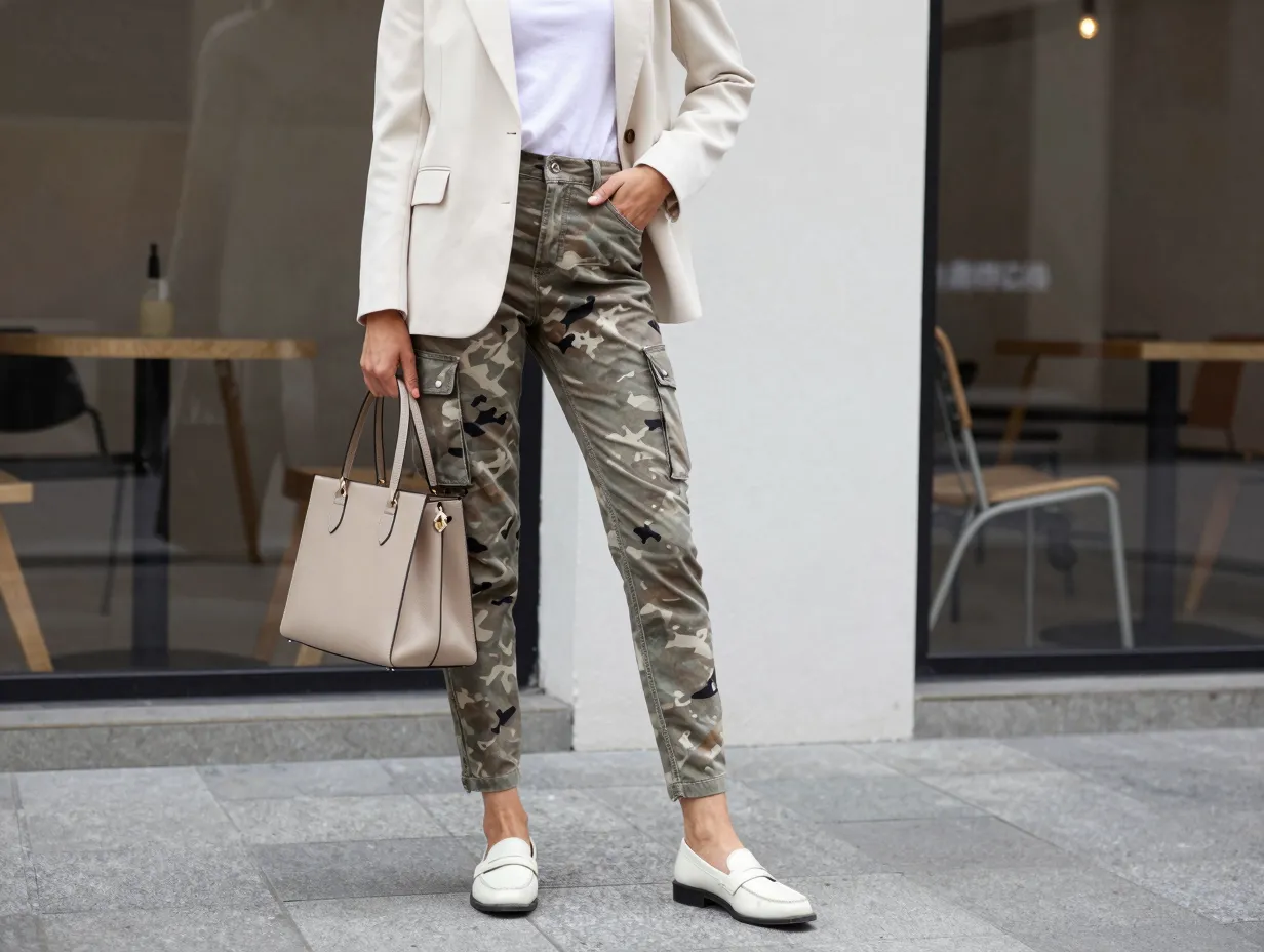The camo cargo pants styled up with a structured blazer