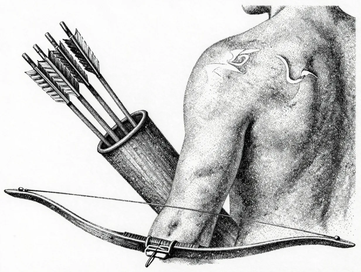 Dotwork quiver and bow scene