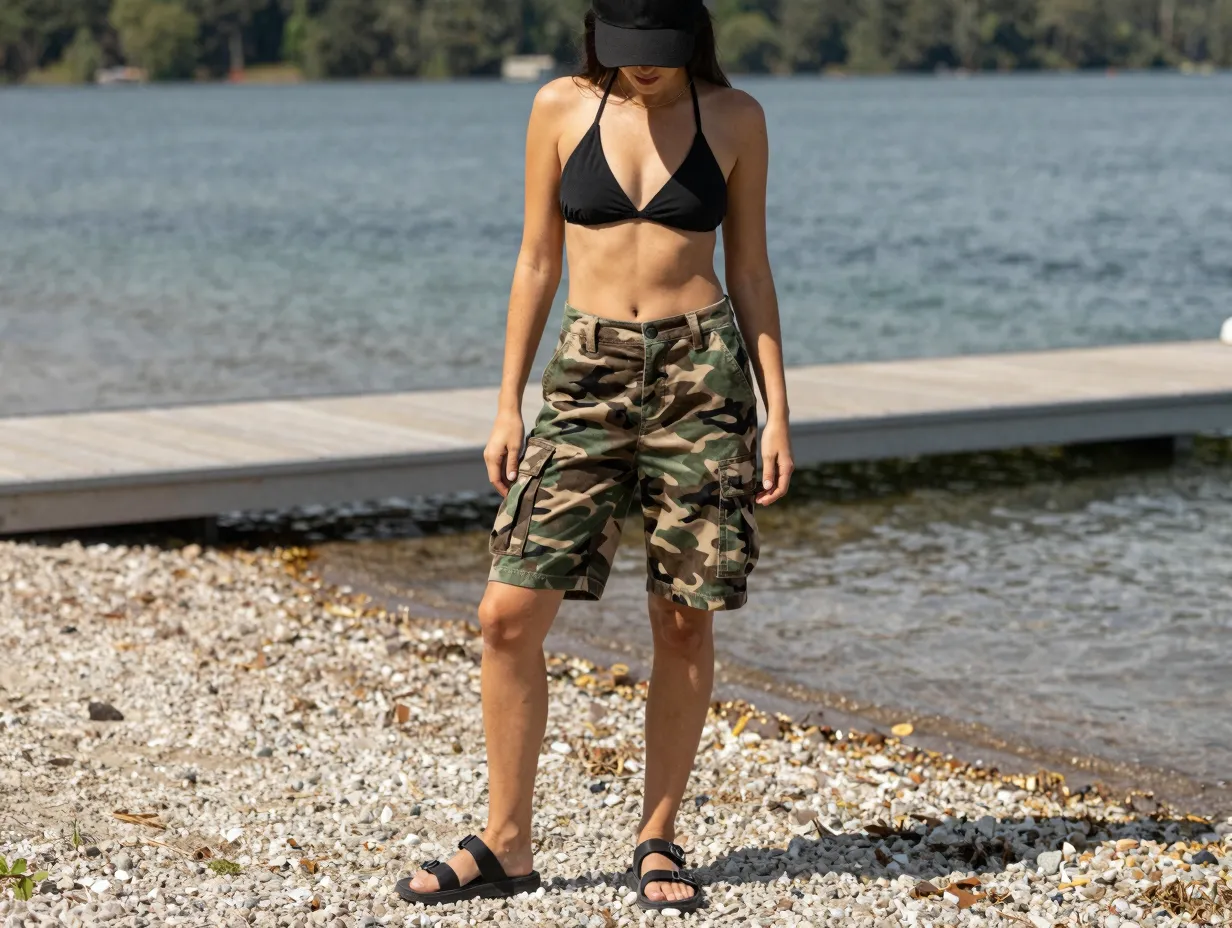 Camo cargo shorts and a black halter bikini top