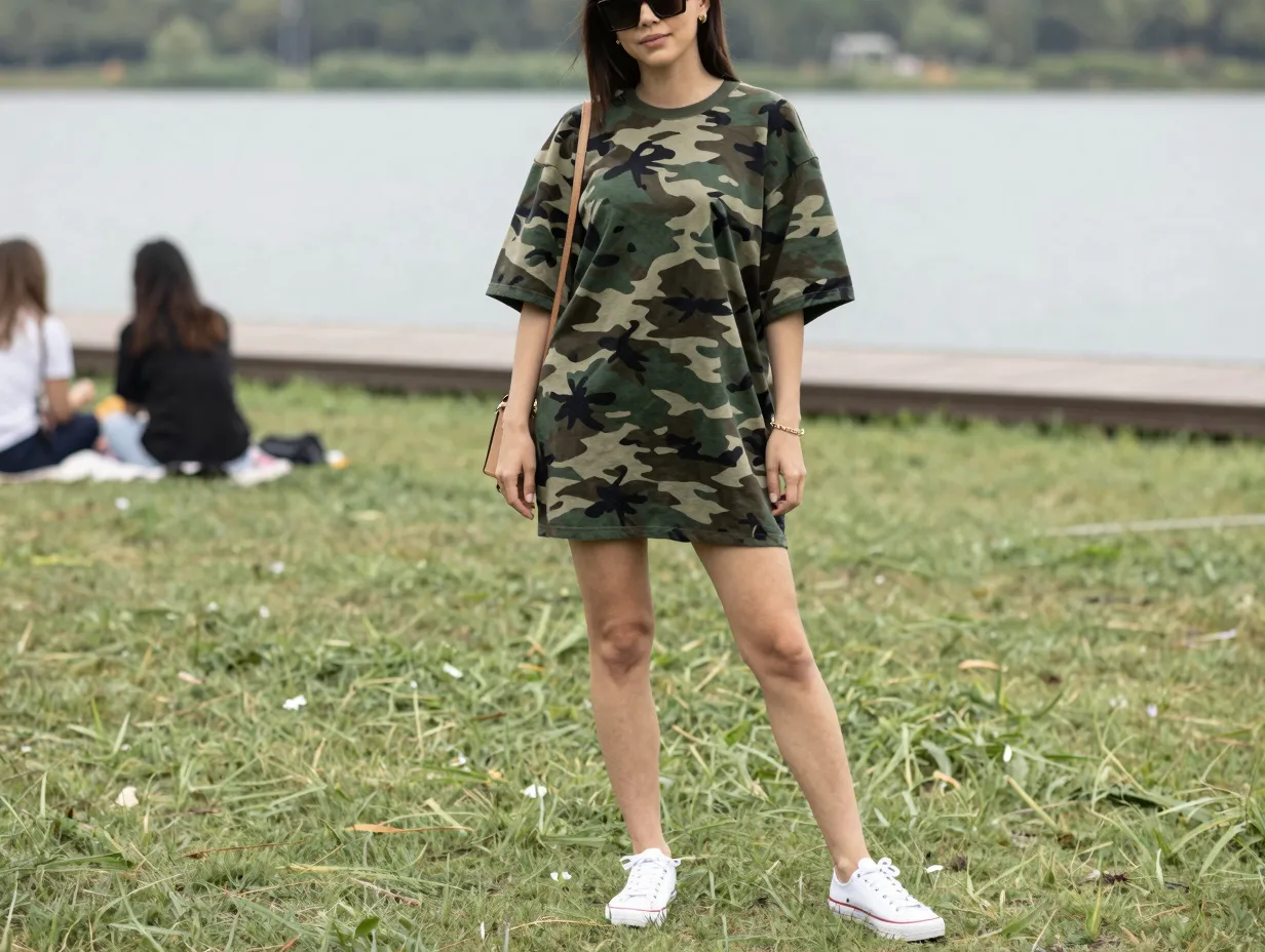 Camo mini dress with white sneakers