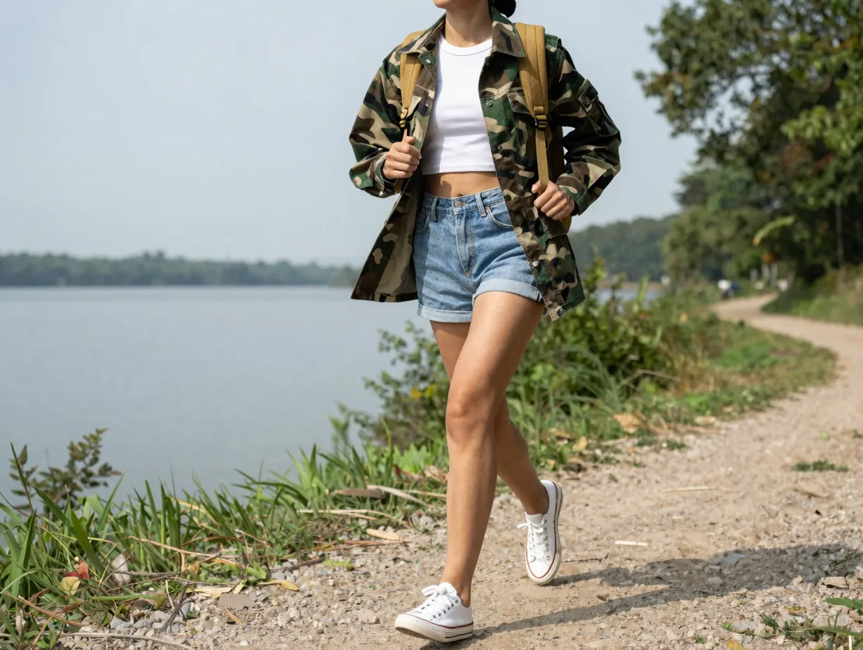 Camo utility jacket over a white crop top and denim shorts