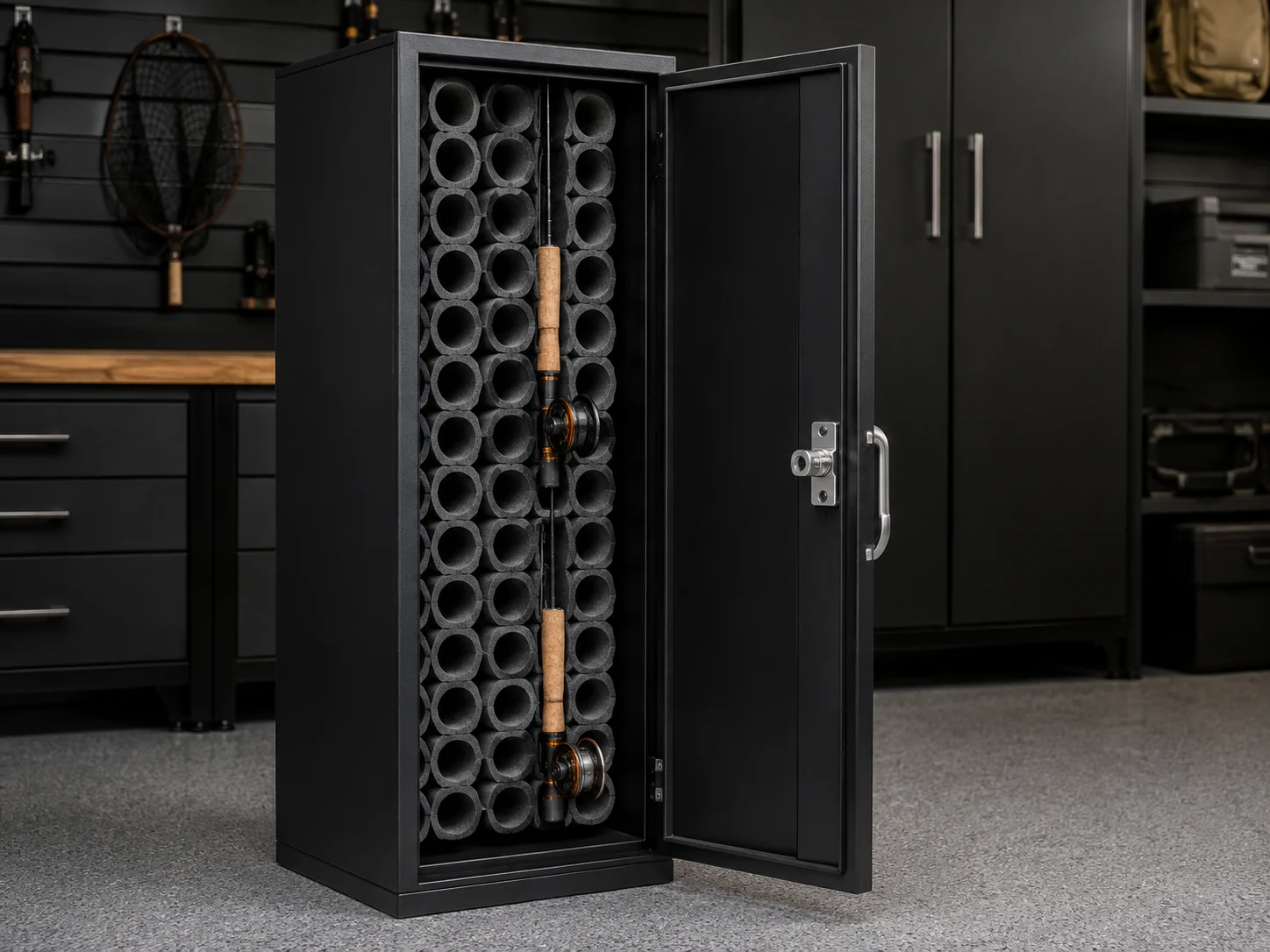 Freestanding rod vault or tube storage cabinet