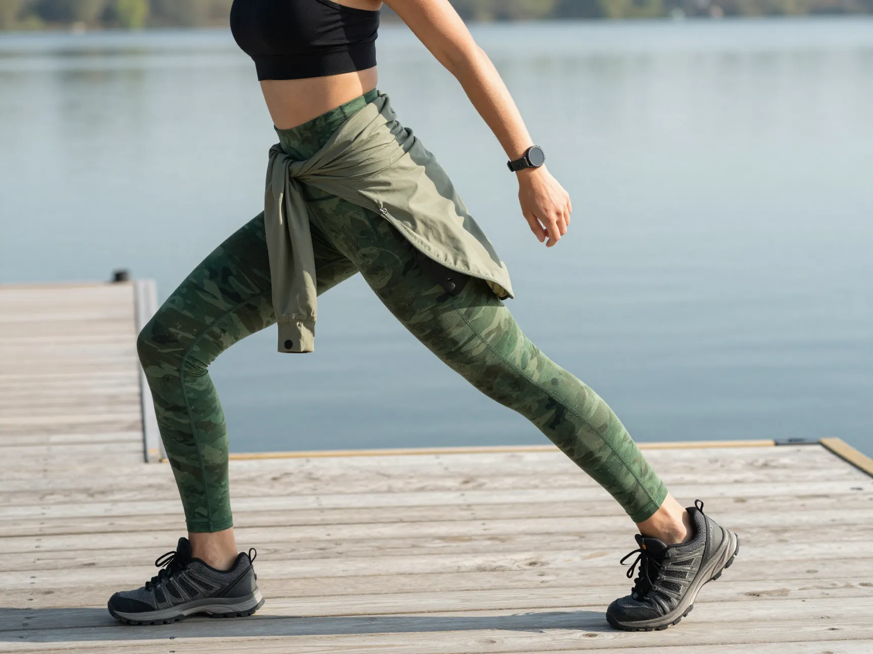 Camo leggings with a black sports bra and windbreaker