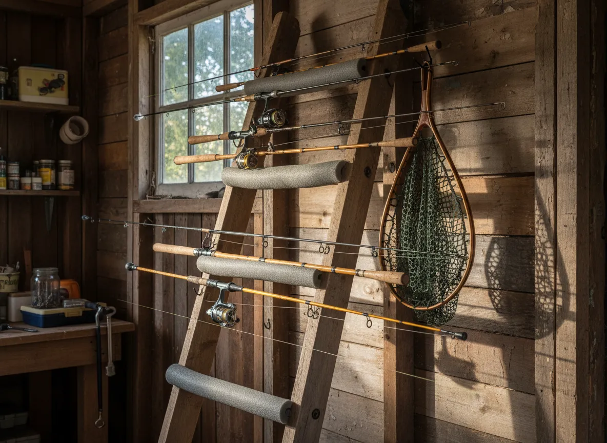 Repurposed wooden ladder as a rod rack