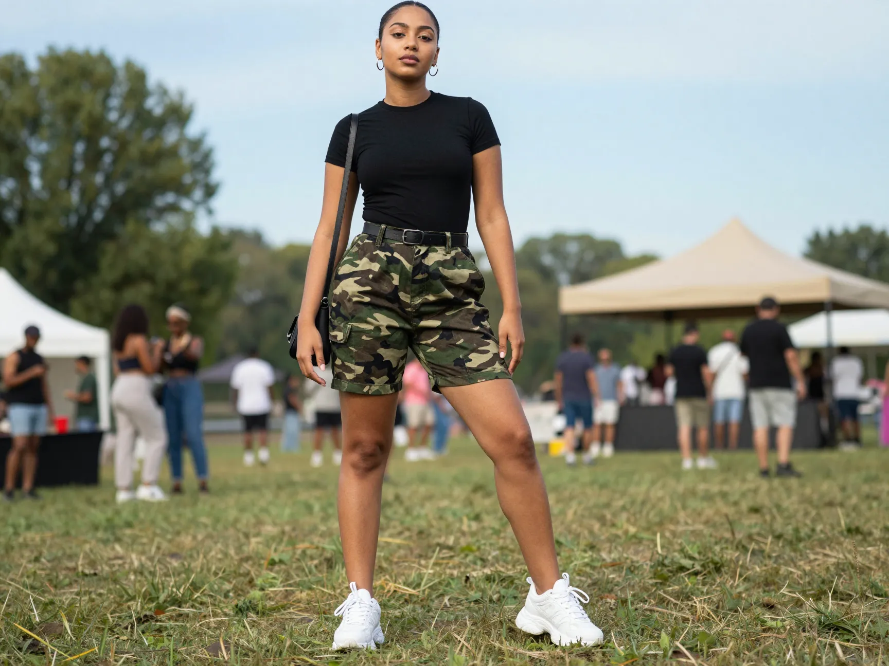 Camo micro shorts with a black baby tee