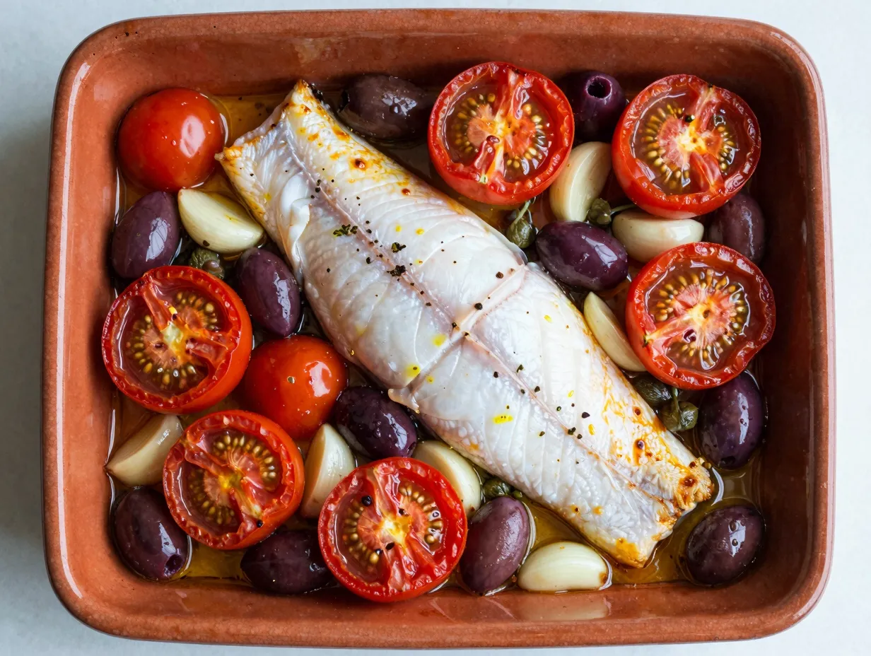 Mediterranean baked basa with olives and capers