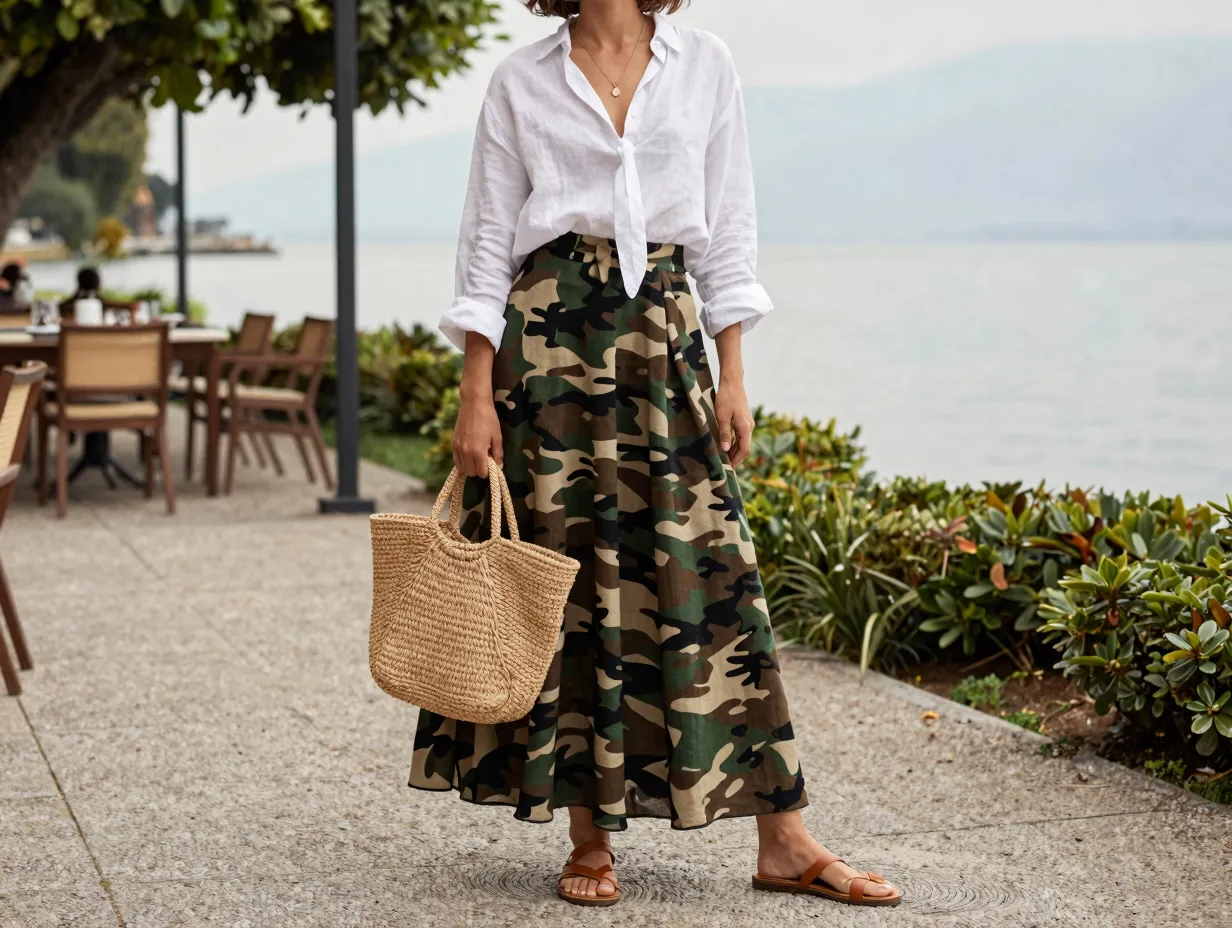 Camo print maxi skirt with a white linen blouse