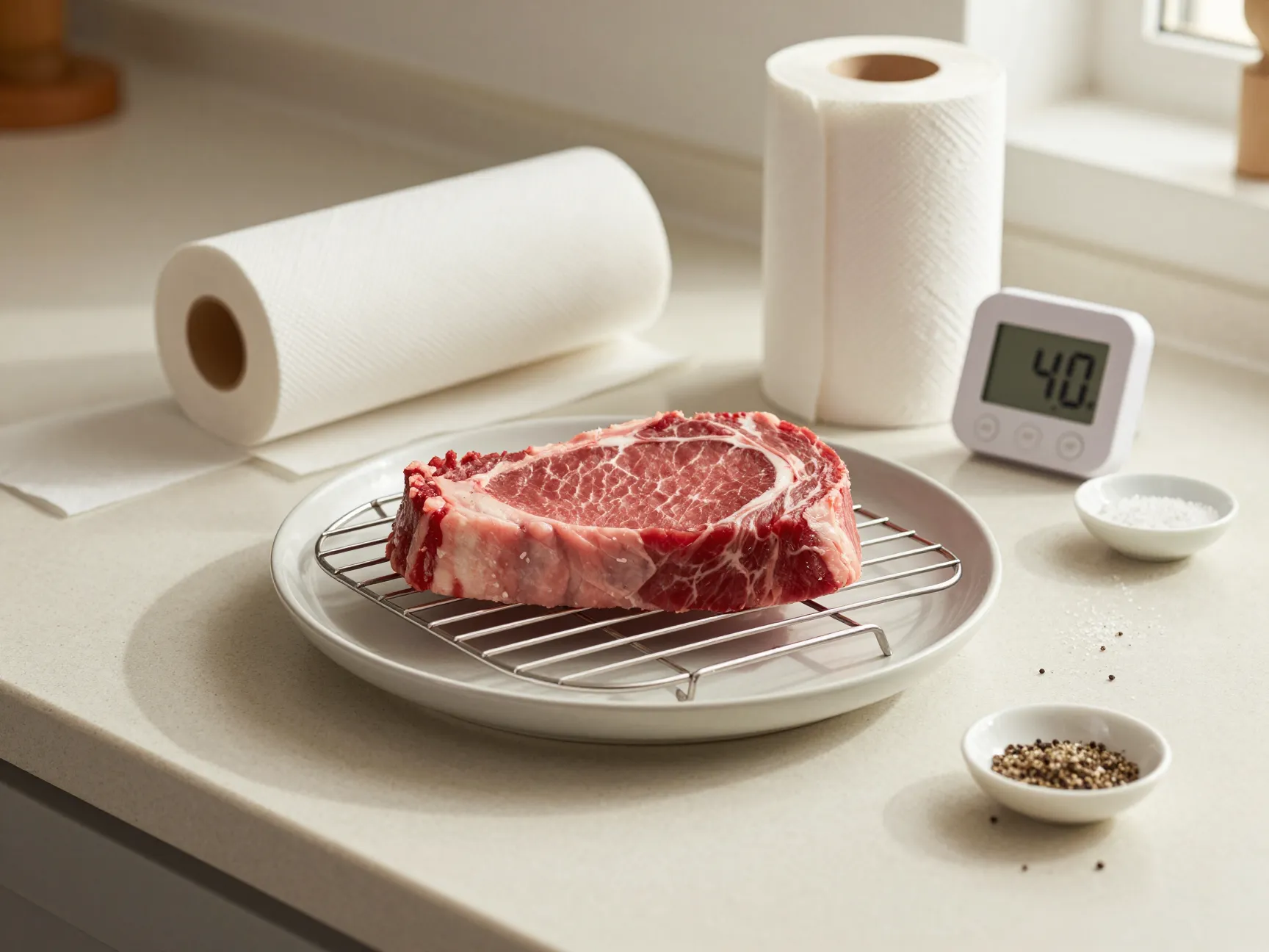 Bring the meat to room temperature and dry the surface