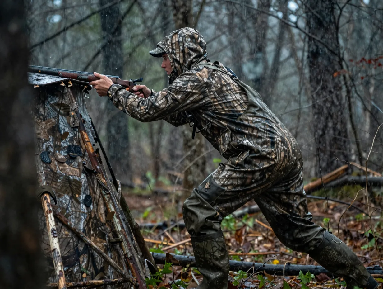Waterproof silent camo outfit for rainy hunts