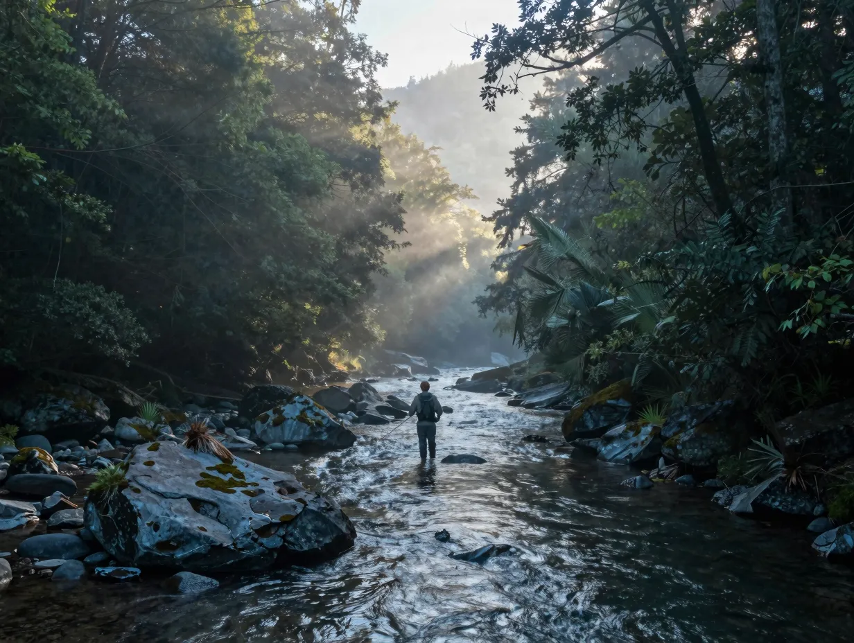 The misty mountain river at dawn