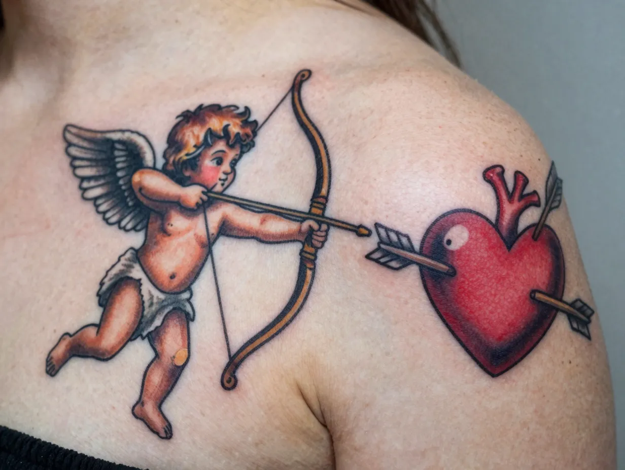Playful shoulder blade designs cupid shot my heart