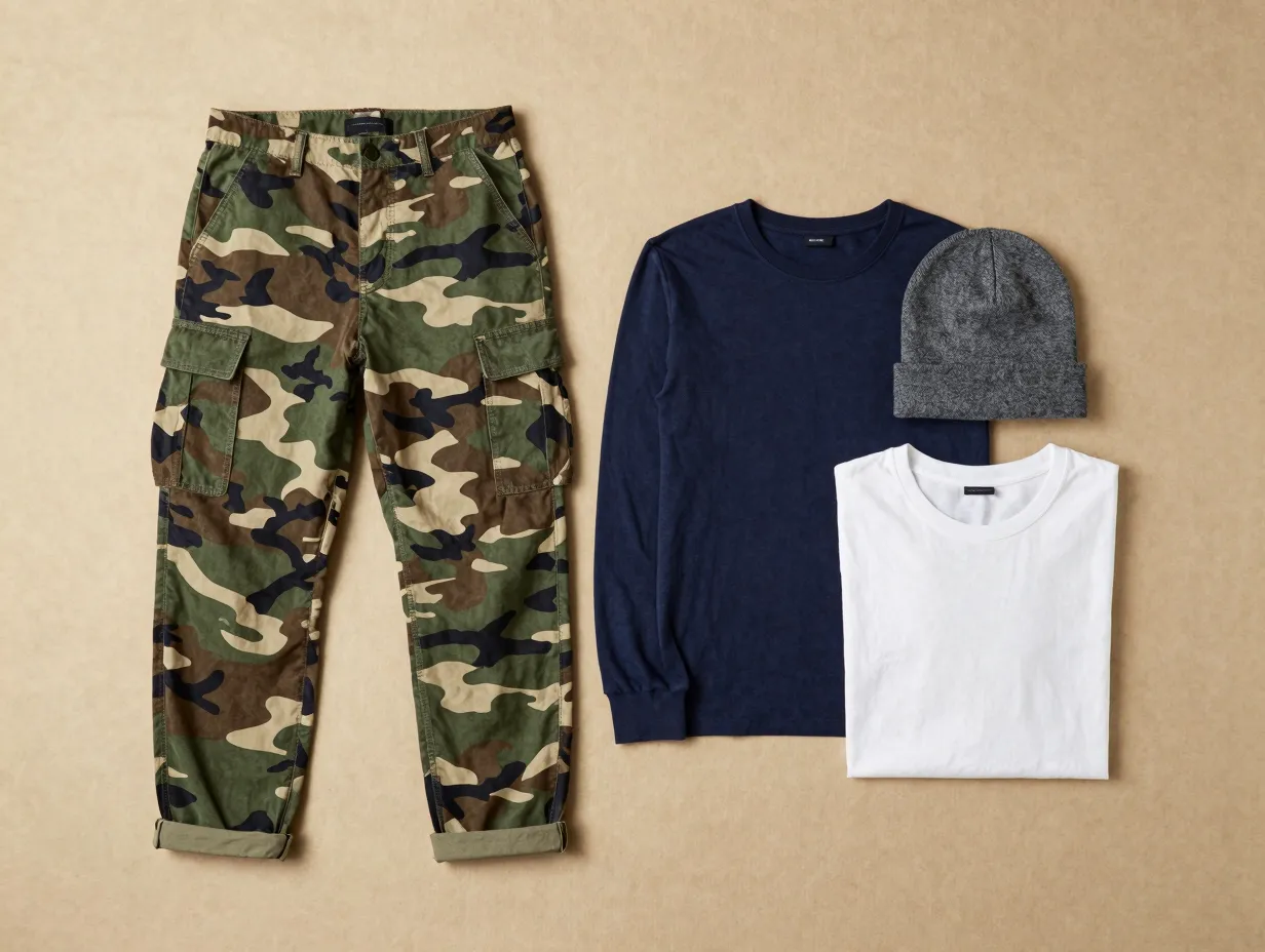 Treat camo as a neutral and keep the outfit anchored in solids