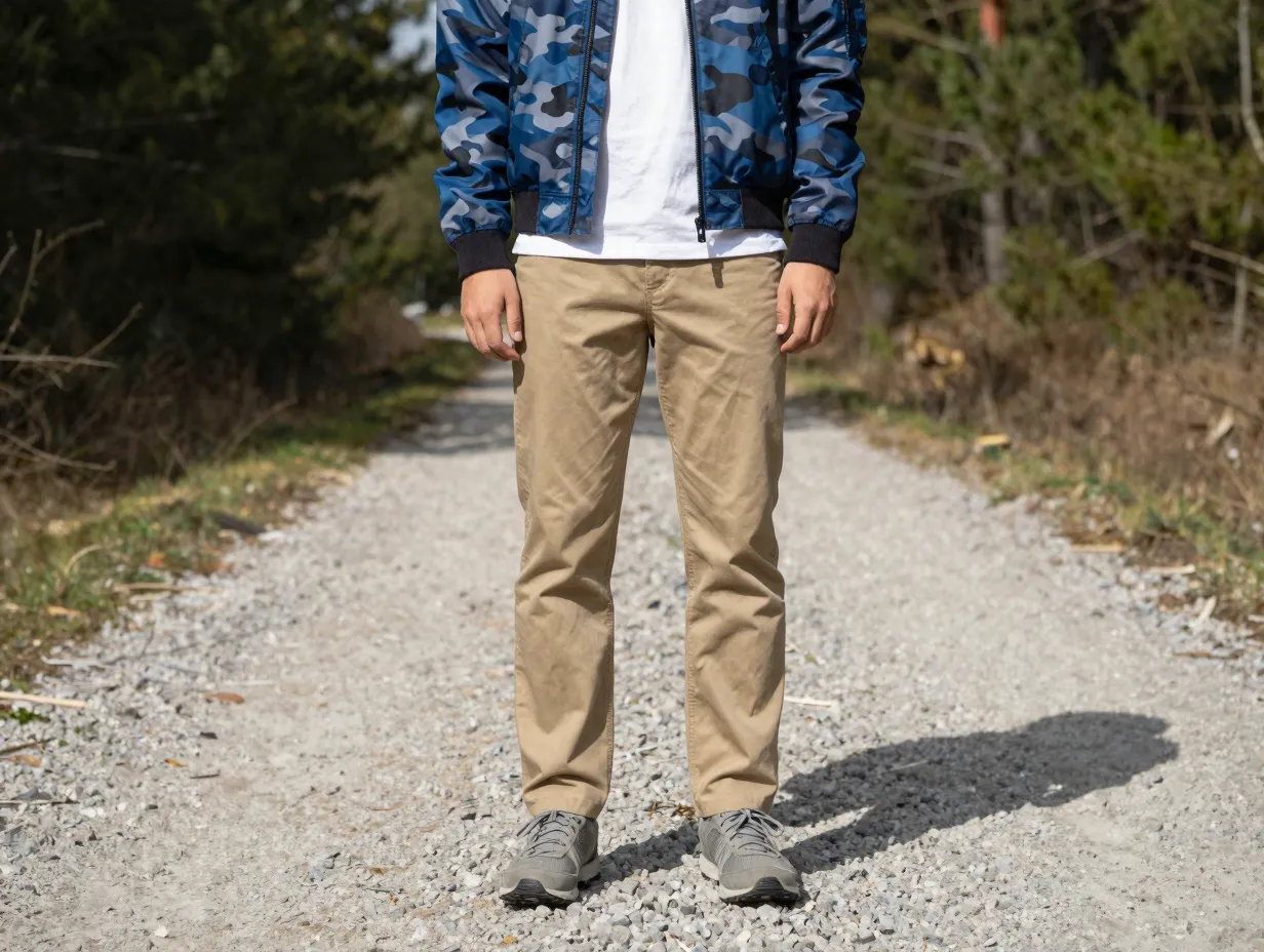 Let blue camo pieces be the star and keep everything else simple