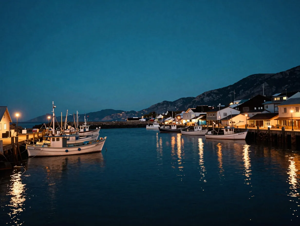 The coastal fishing village at blue hour