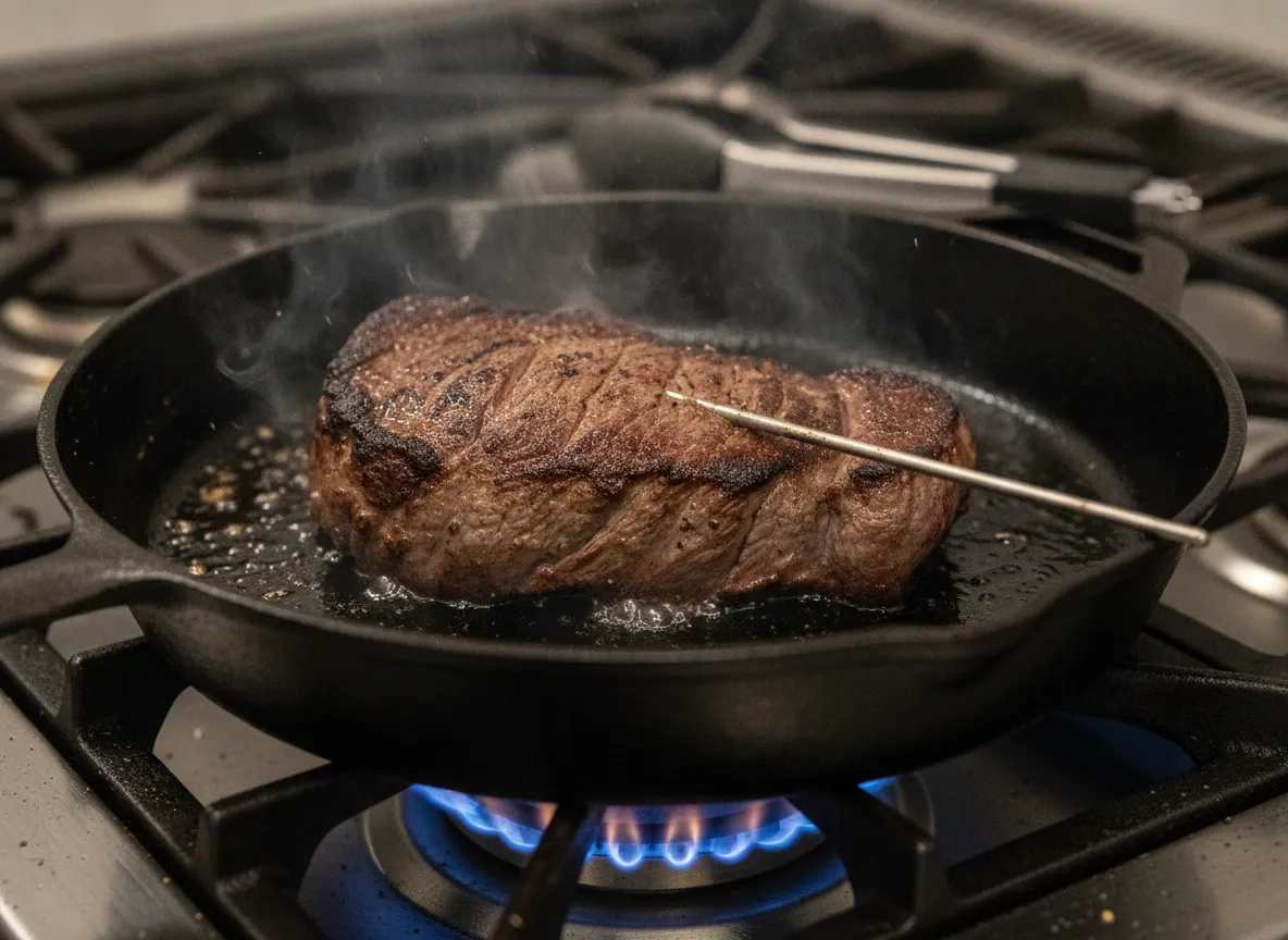 Hot cast iron pan sear