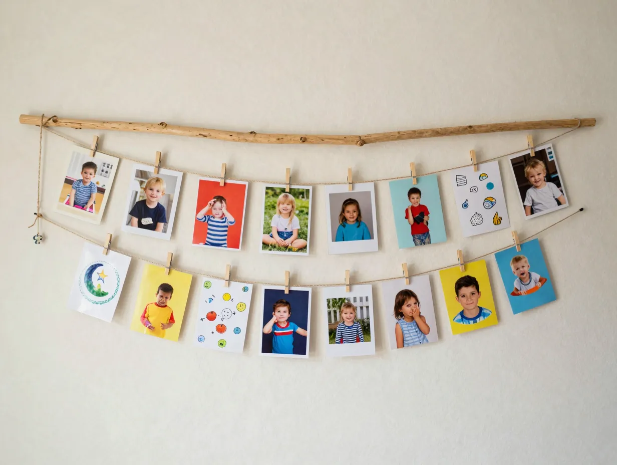 Fishing pole photo display for kids rooms