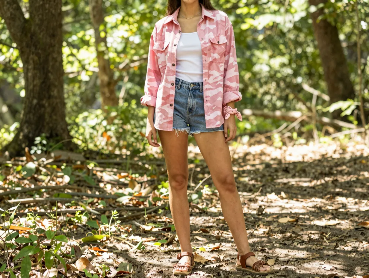 The pink camo flannel shirt and denim shorts warm weather outfit