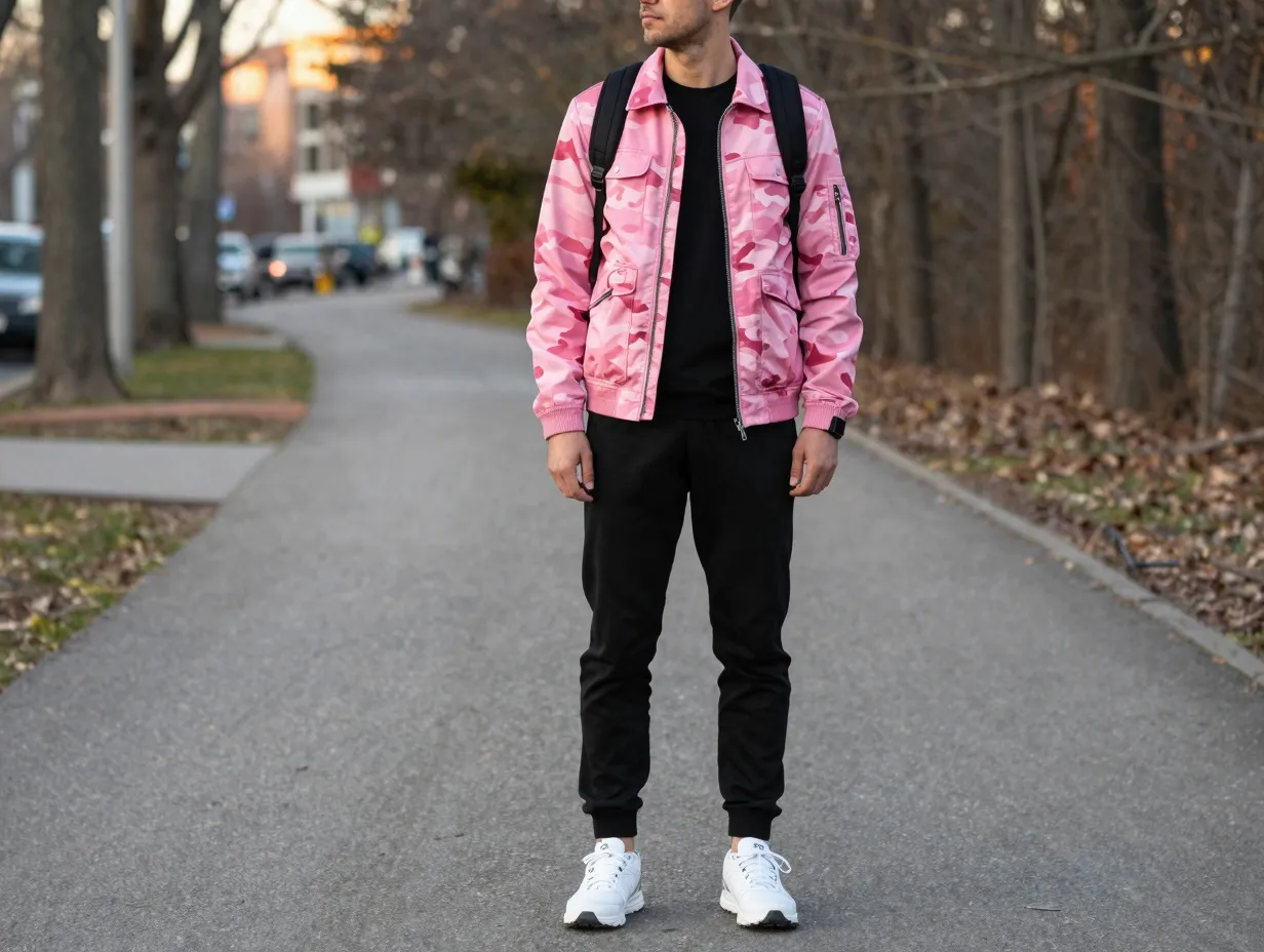 The pink camo jacket and black jogger pants street to trail look