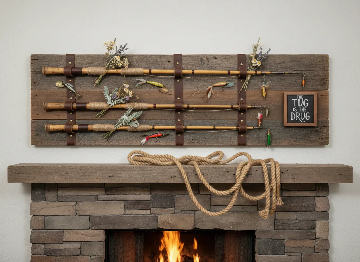 Rustic fishing pole wall art