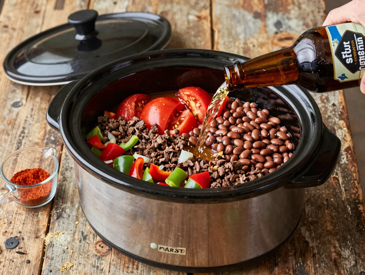 Rustic layered deer chili with beer