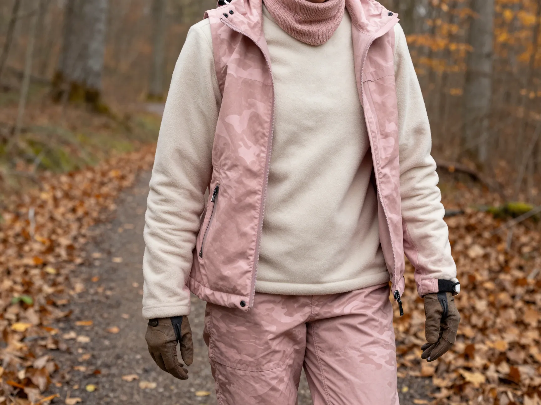 The layered pink camo look for cool weather days