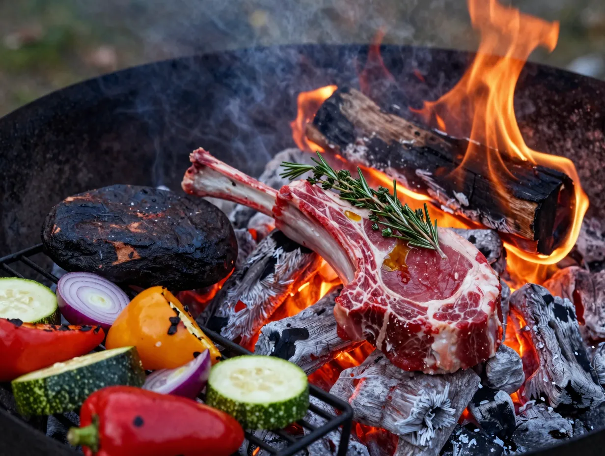 Classic open fire lamb with grilled vegetables