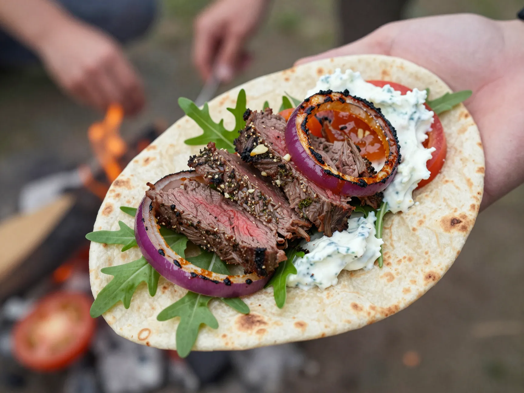 Lamb backstrap wraps with grilled red onion rings