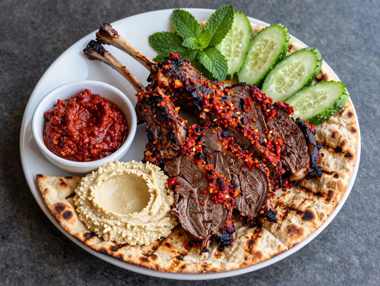 Harissa marinated lamb backstrap with charred flatbread