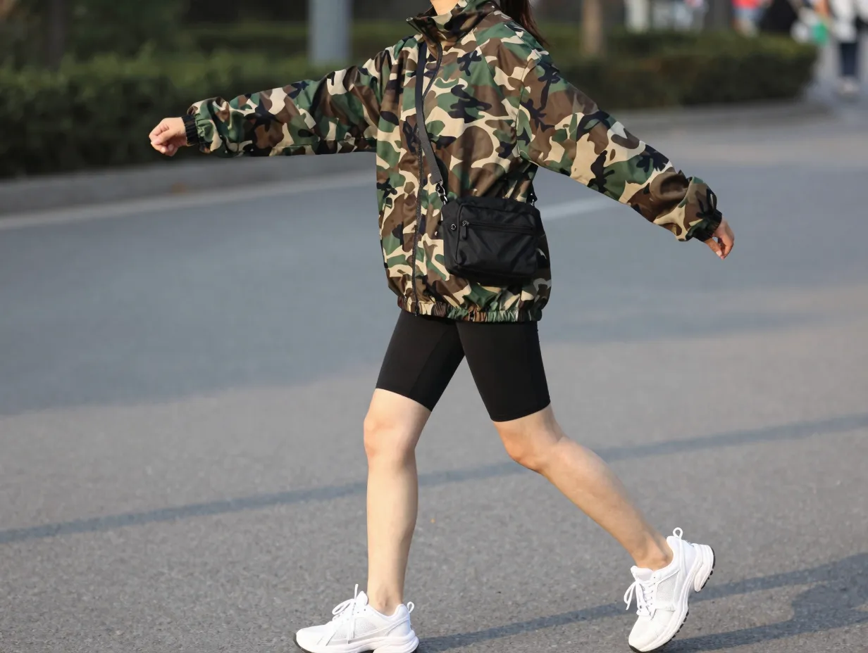 The camo windbreaker and biker short combination