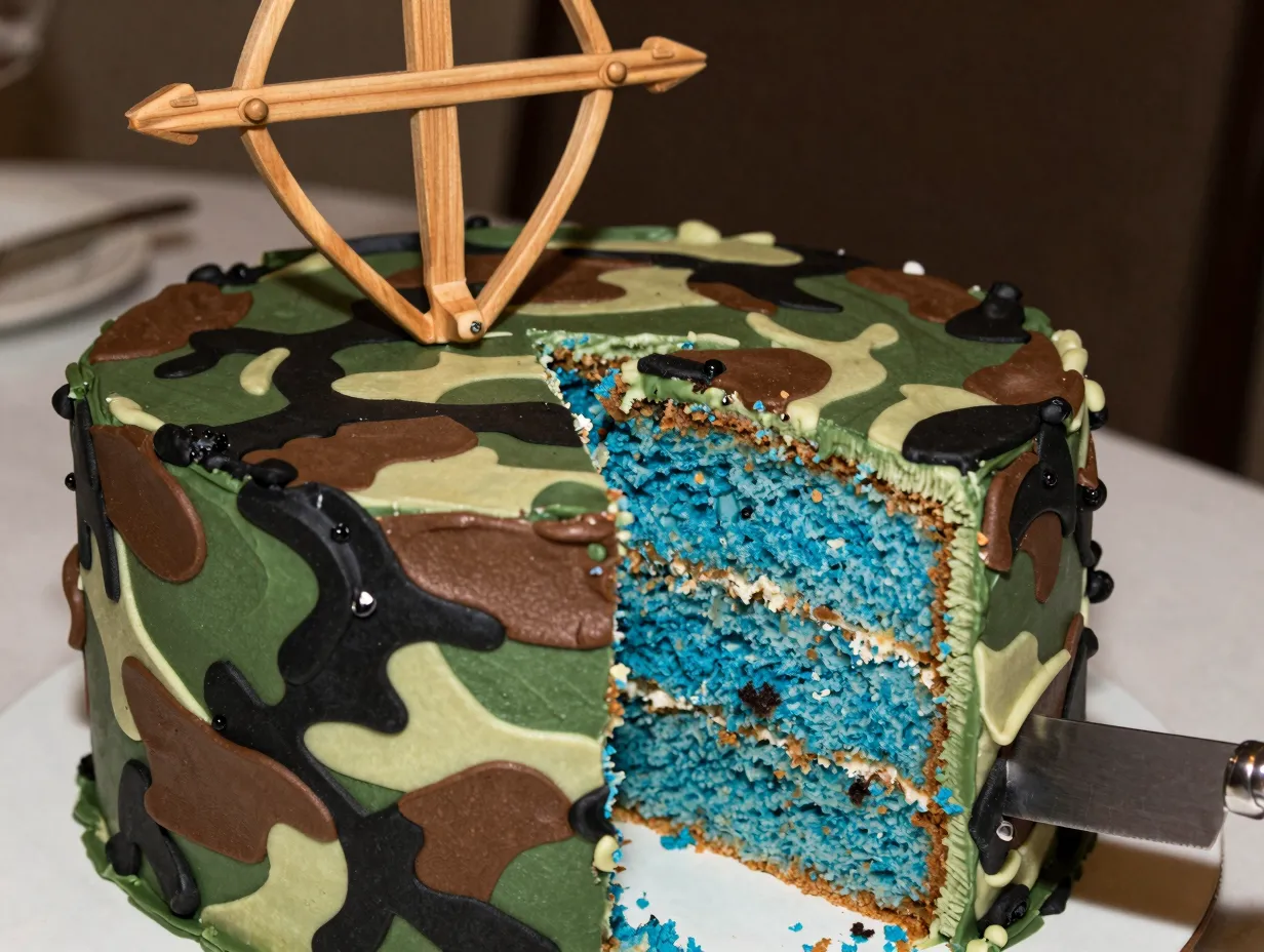 5 camo cake with bow and arrow topper
