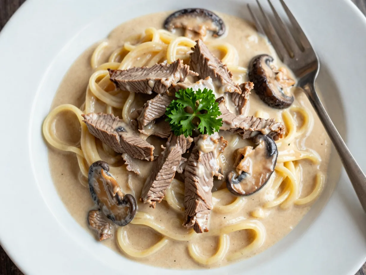 Venison and mushroom stroganoff