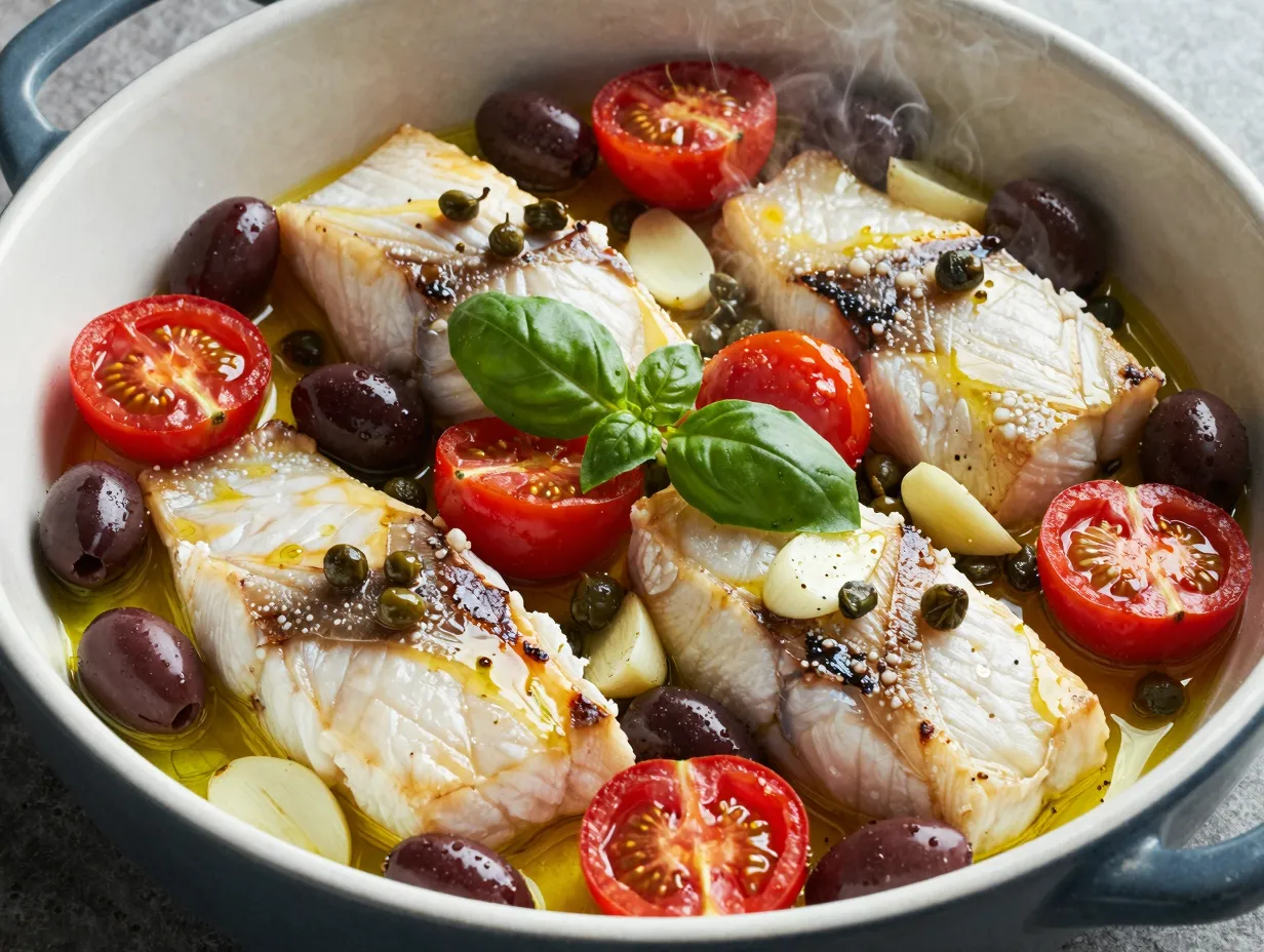 One pan baked halibut with cherry tomatoes and olives
