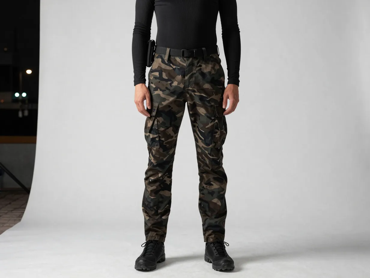 Camo cargo pants with a black compression top