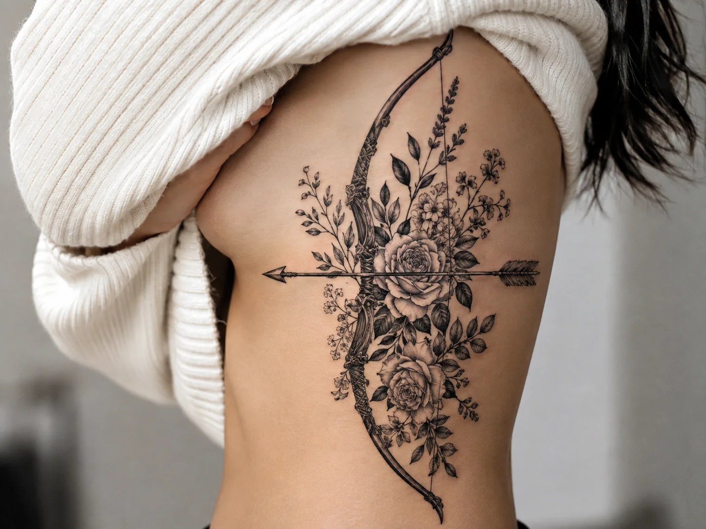 Floral bow and arrow tattoo