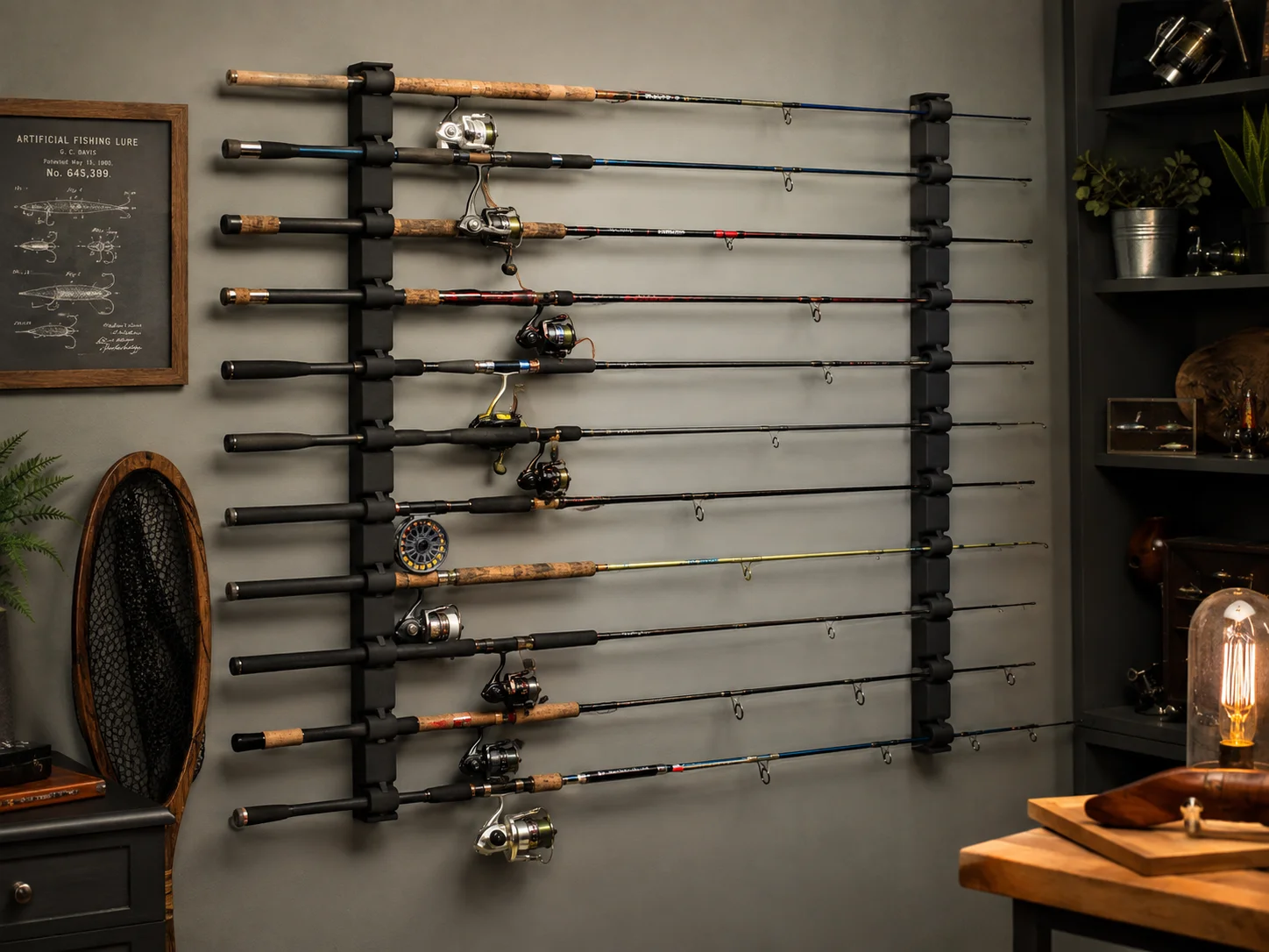 Wall mounted horizontal rod rack 12 rod capacity