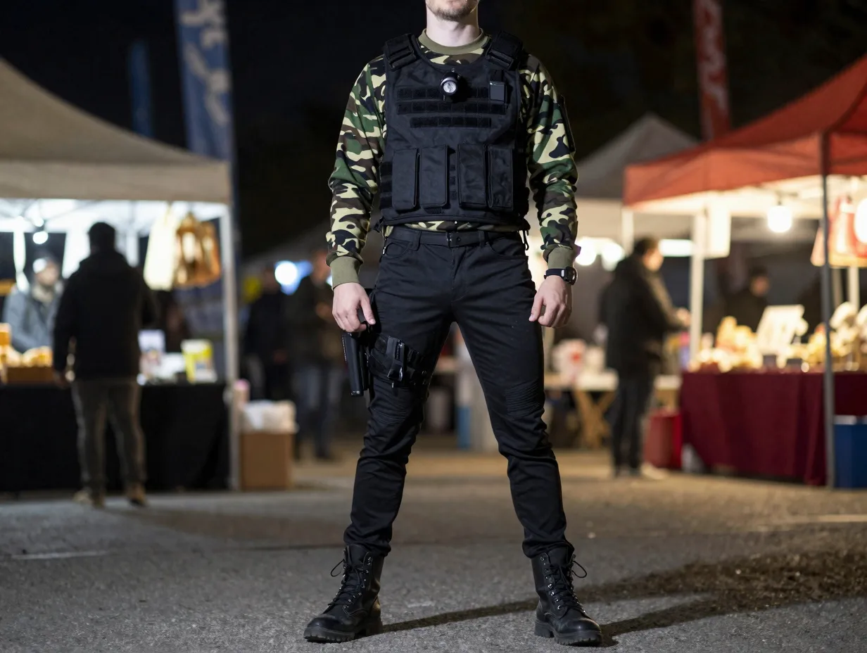 Black tactical vest over a camo long sleeve shirt
