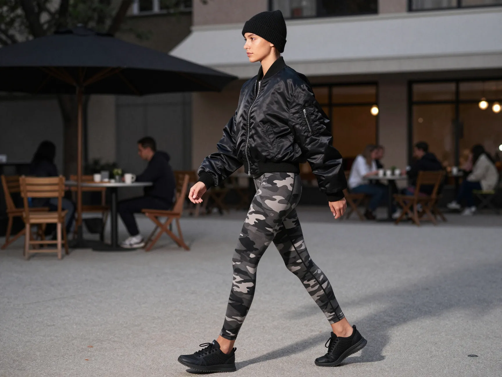Camo print leggings with a black oversized bomber