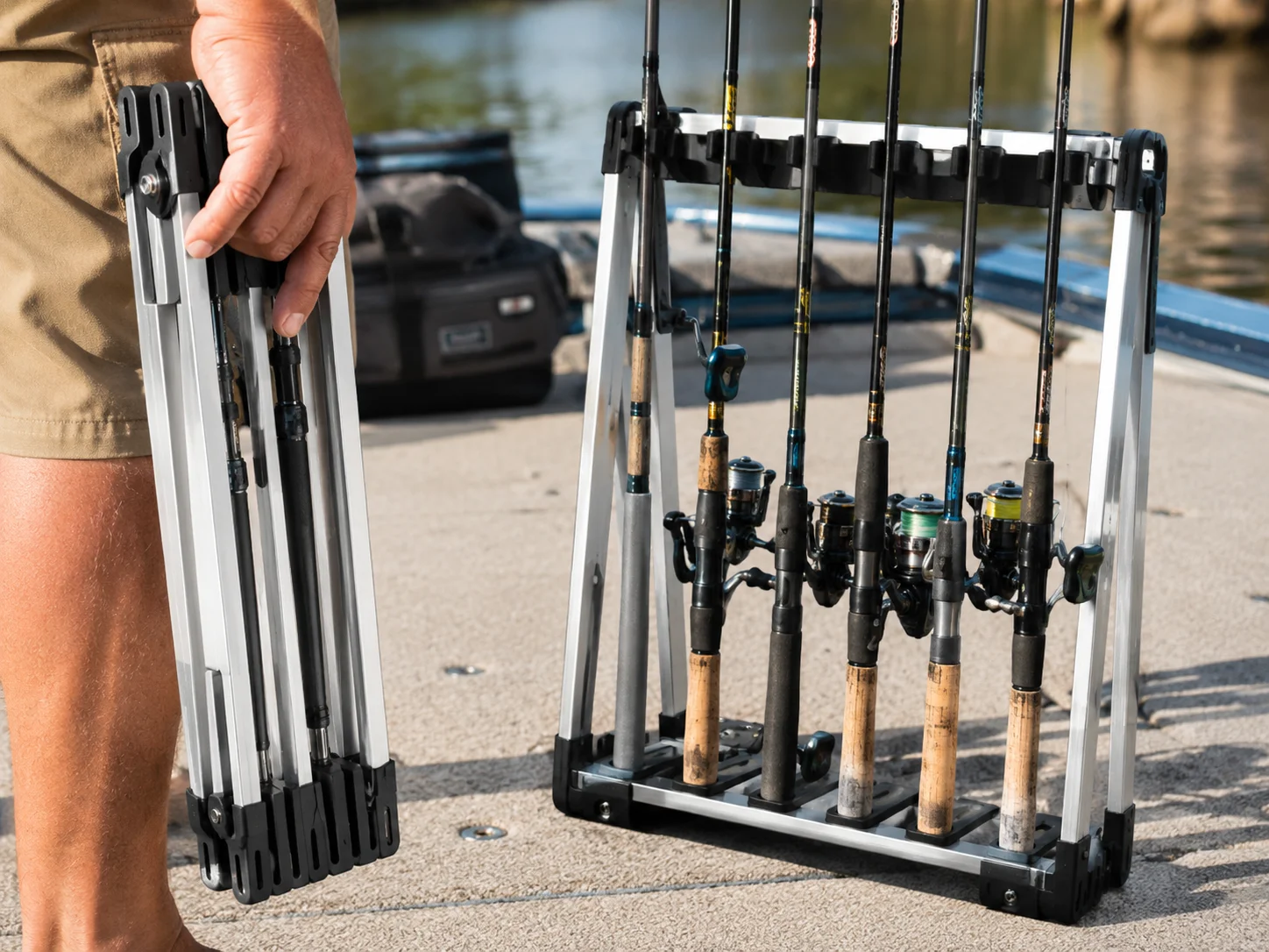 Portable folding rod rack travel and boat use 6 rod capacity