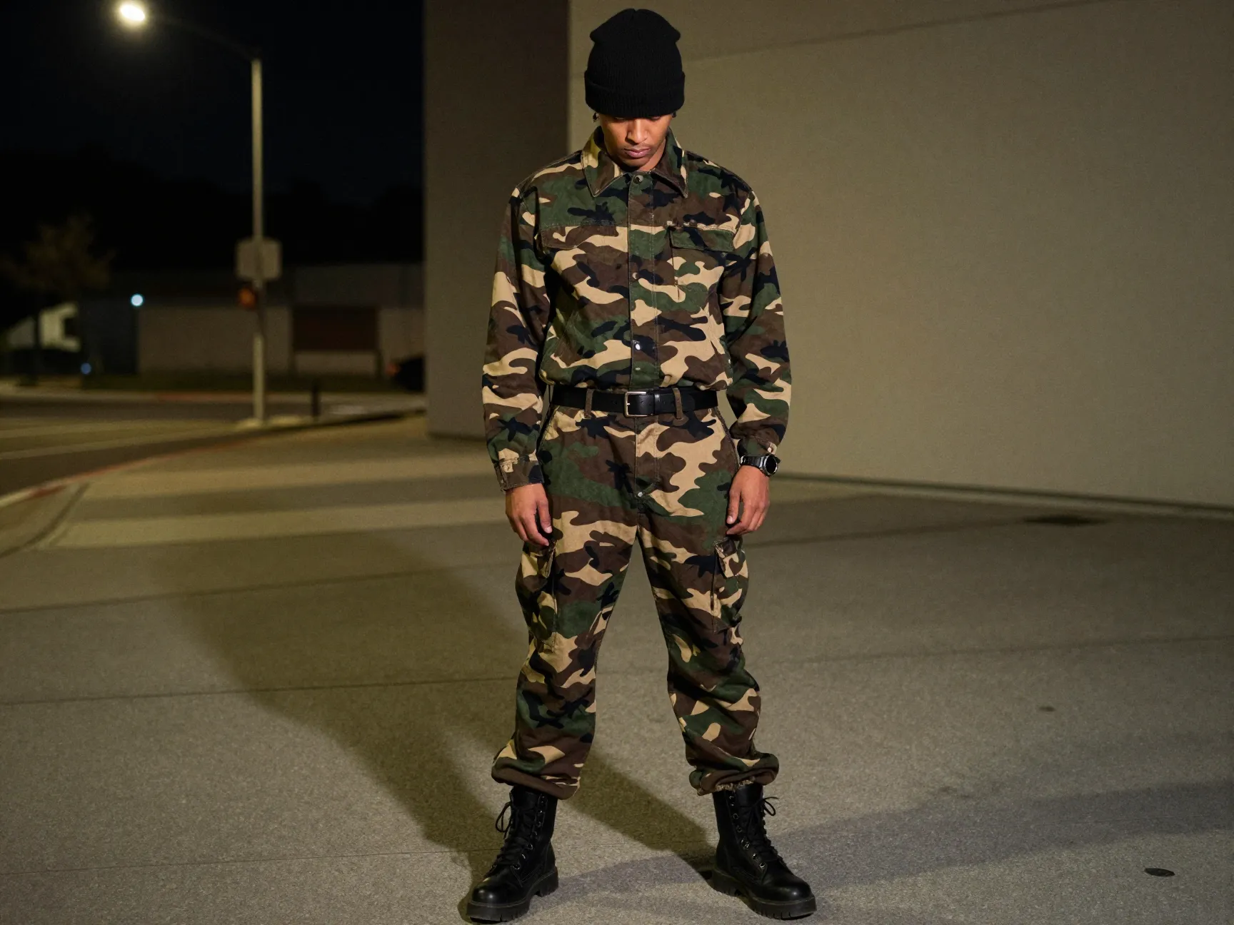 All camo tonal outfit with black accessories