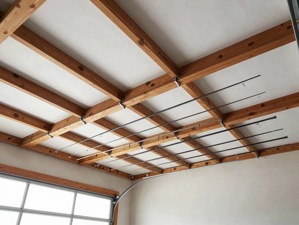 Ceiling mounted rod storage system high capacity space saving