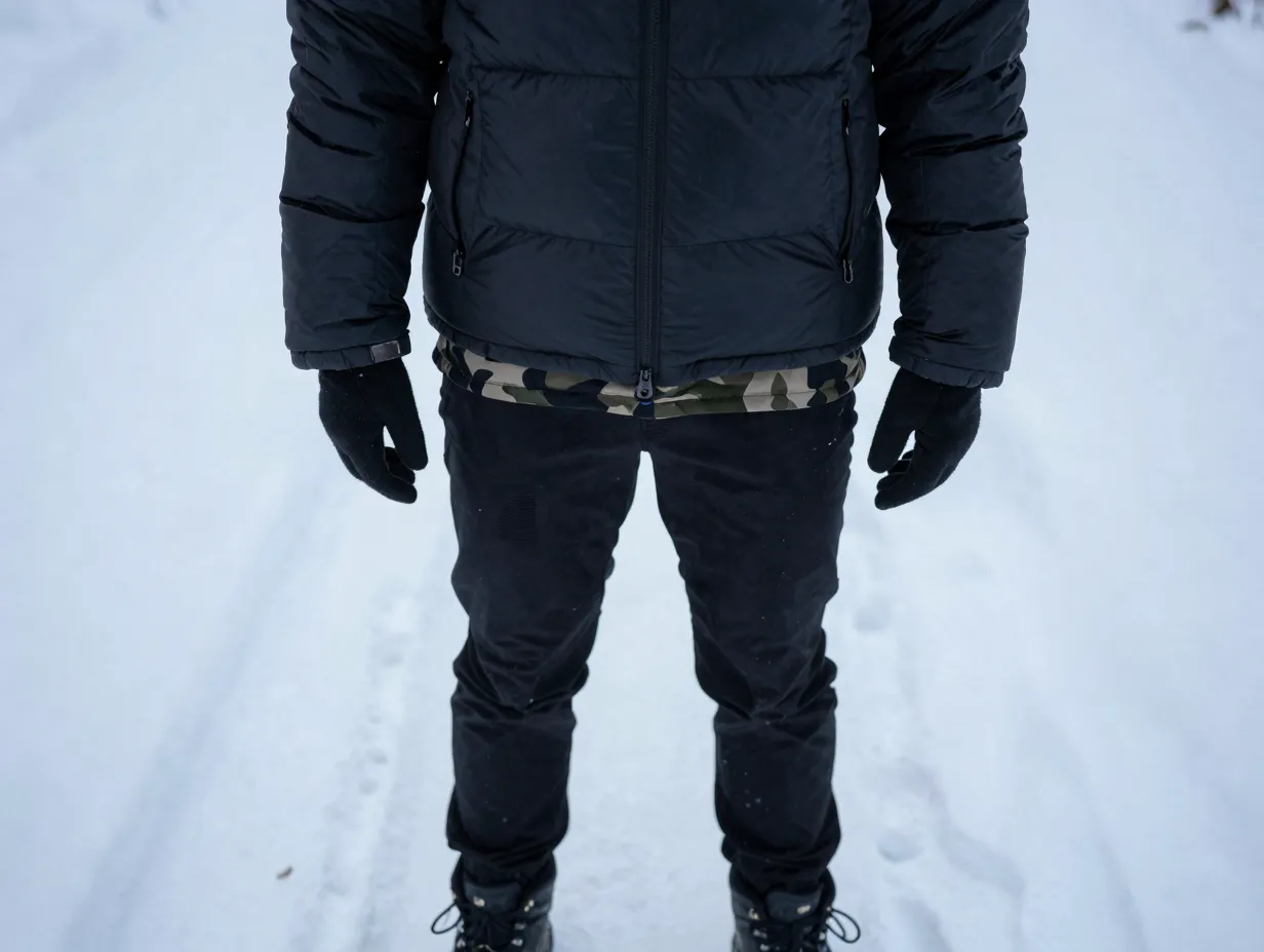 Black puffer jacket with camo base layer visible at collar and cuffs