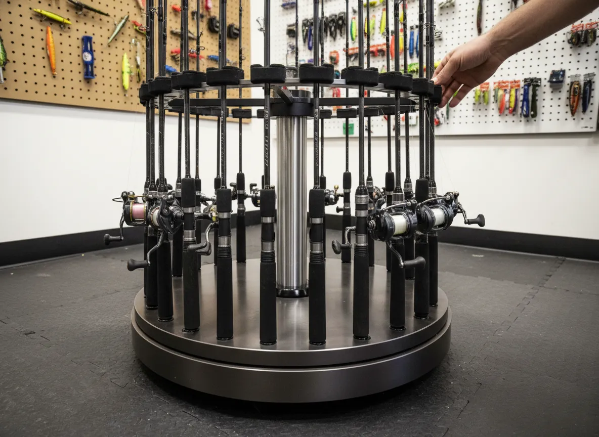 Rotating carousel rod stand multi rod display 16 rod capacity